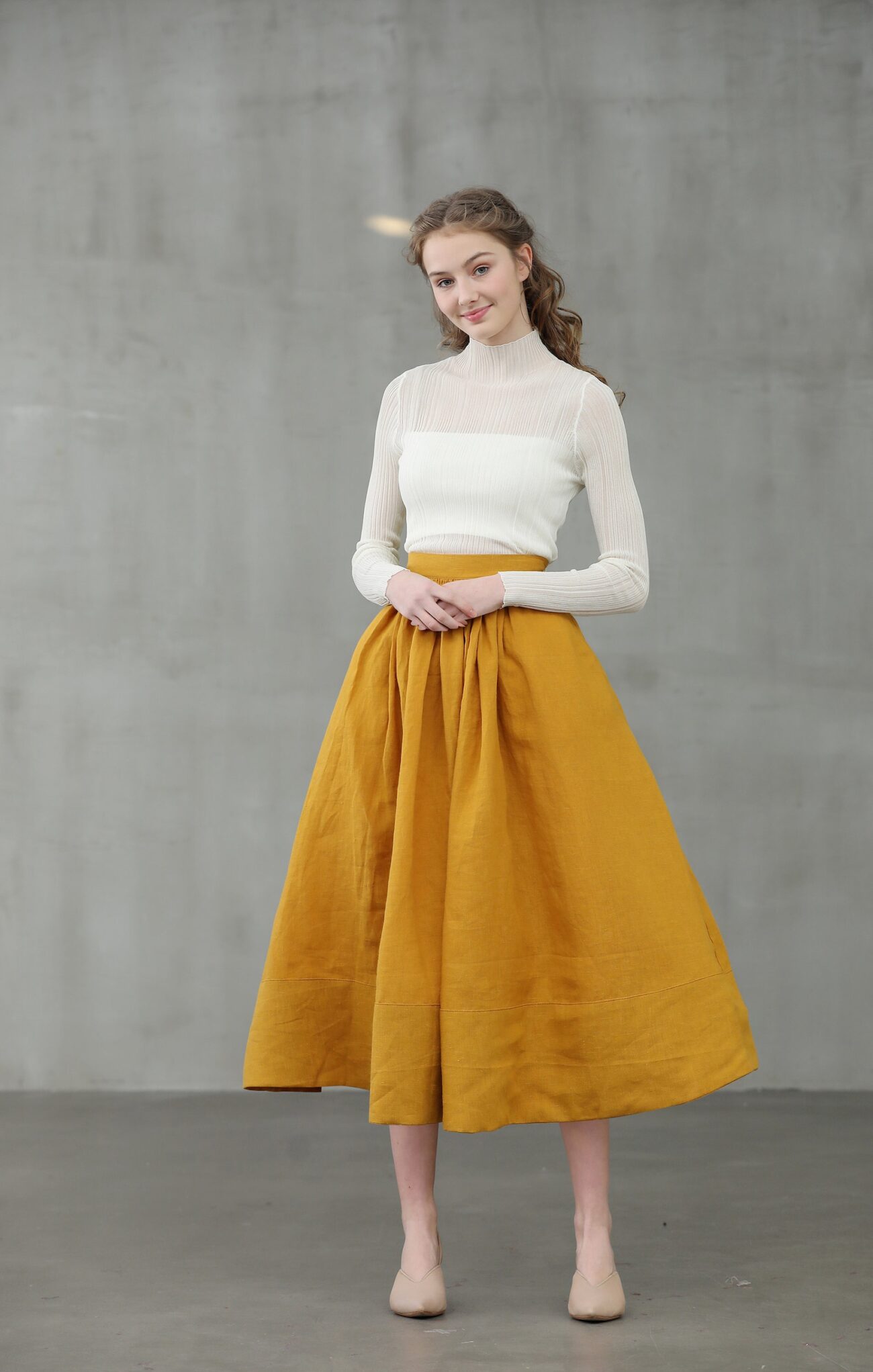 Mustard Linen Midi Skirt: Pleated A-Line Flared 1950s Style