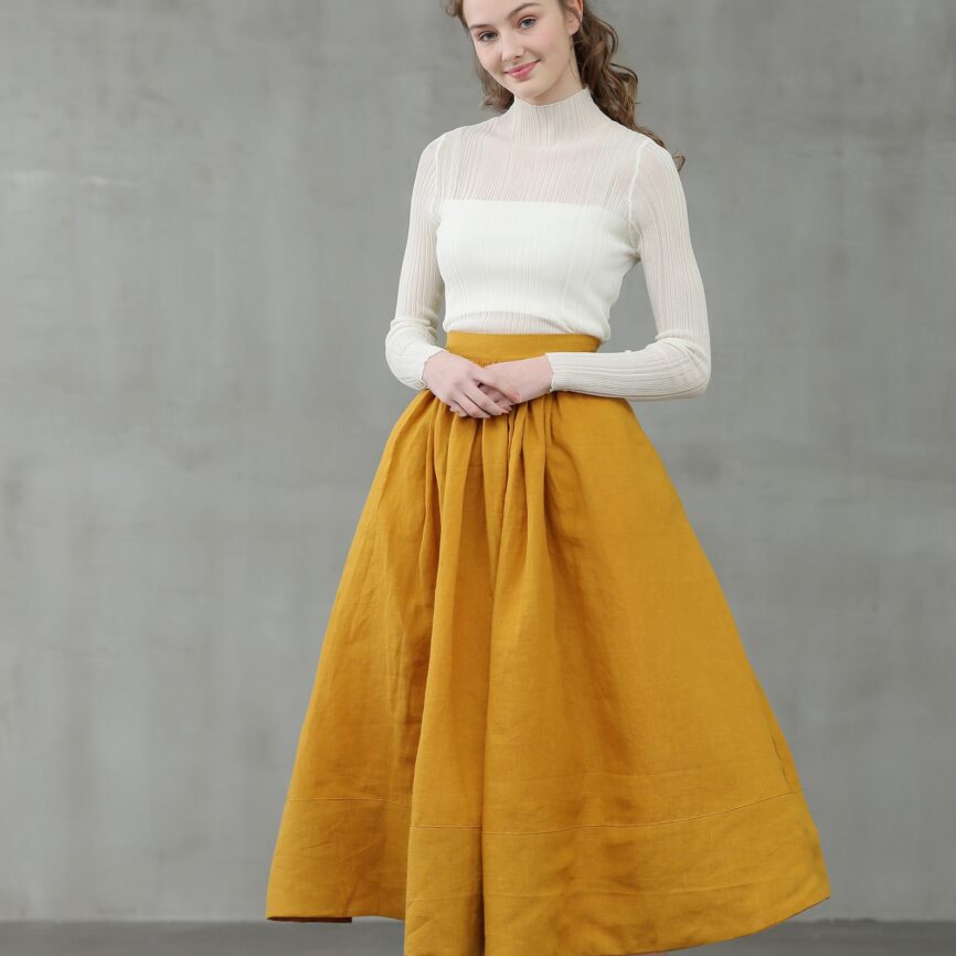 Mustard Linen Midi Skirt: Pleated A-Line Flared 1950s Style