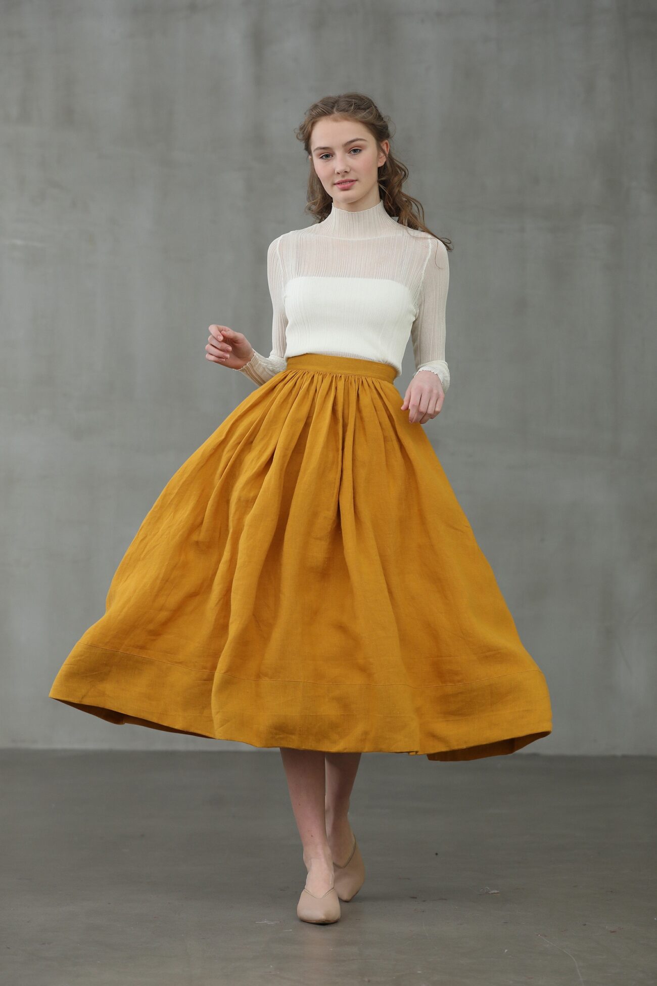 Mustard Linen Midi Skirt: Pleated A-Line Flared 1950s Style