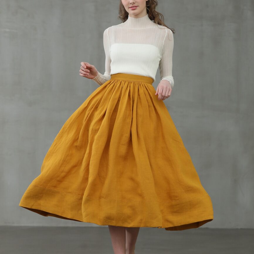 Mustard Linen Midi Skirt: Pleated A-Line Flared 1950s Style