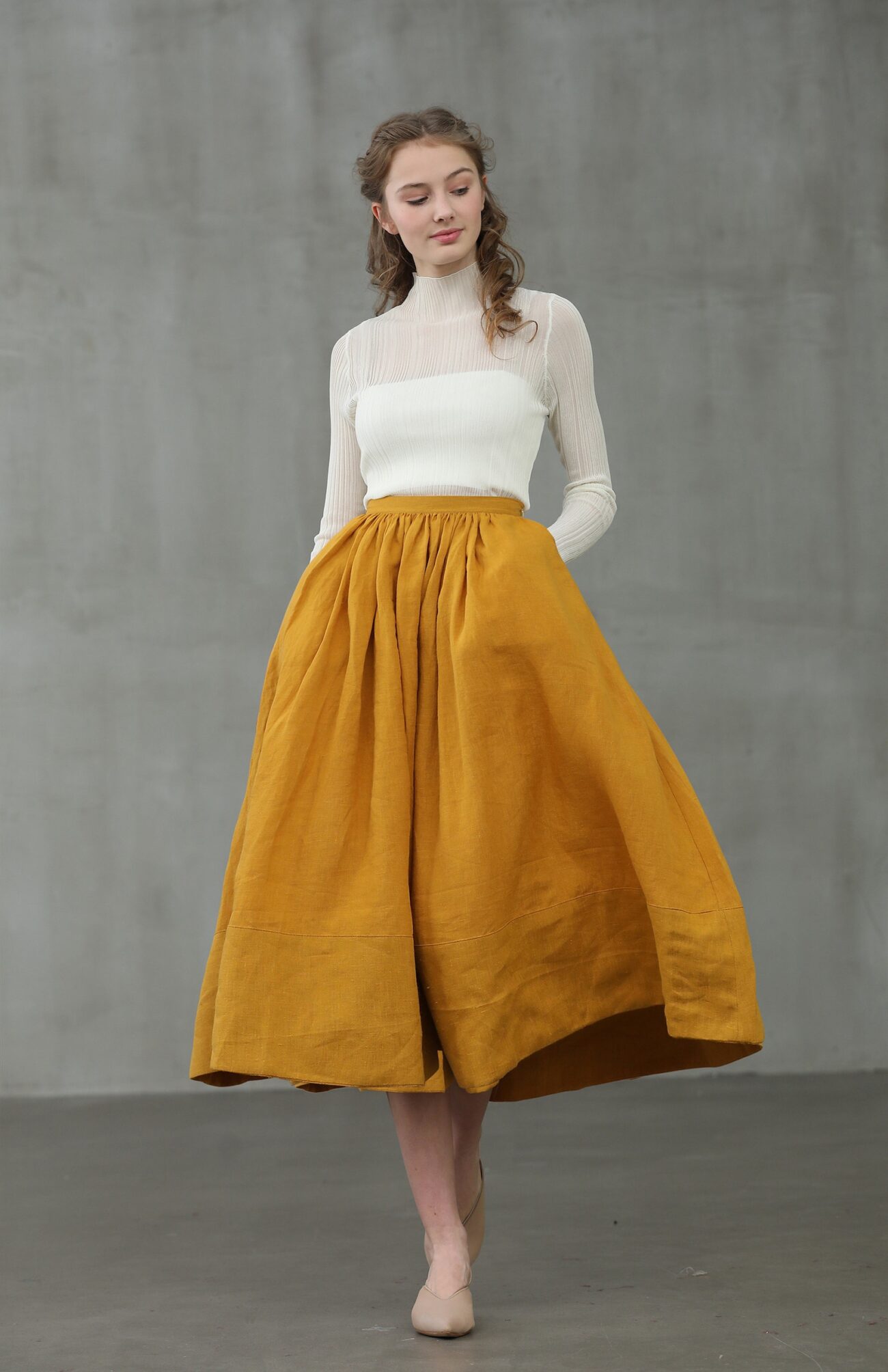 Mustard Linen Midi Skirt: Pleated A-Line Flared 1950s Style