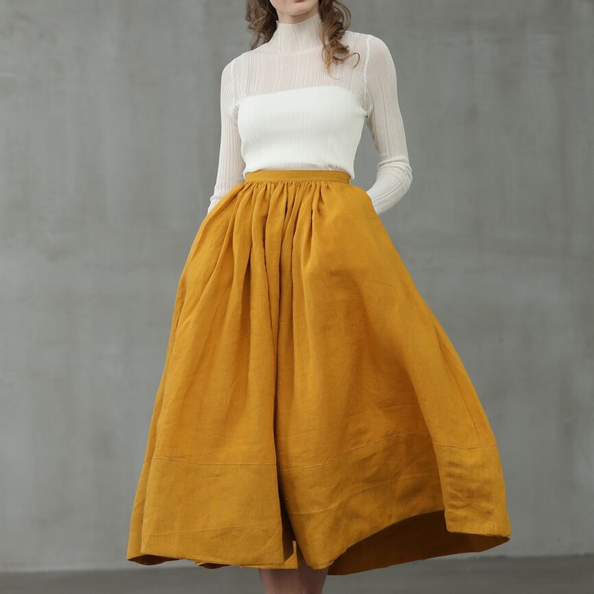 Mustard Linen Midi Skirt: Pleated A-Line Flared 1950s Style