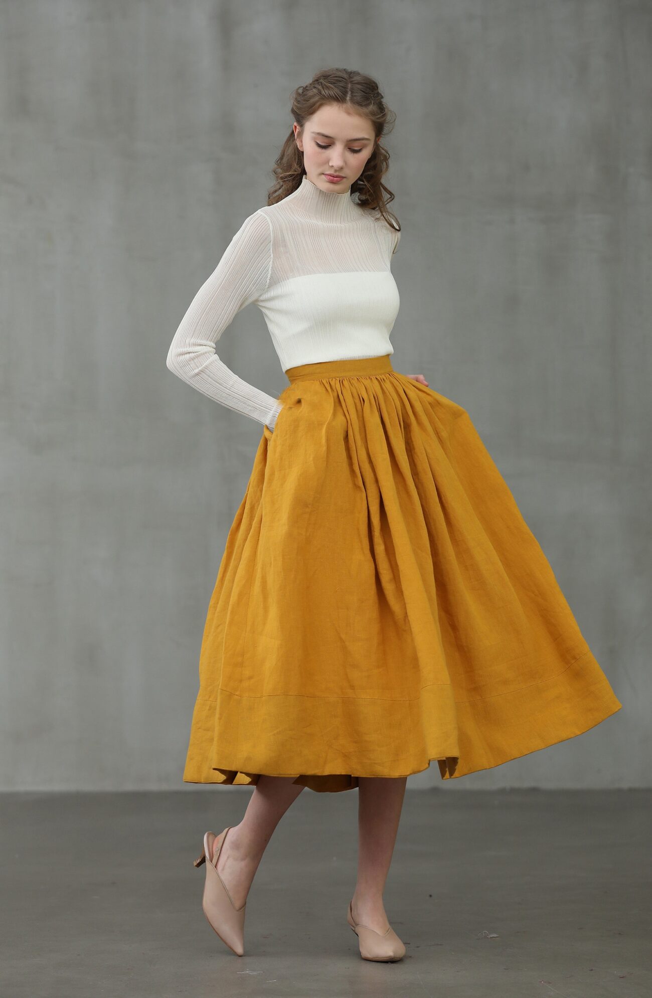 Mustard Linen Midi Skirt: Pleated A-Line Flared 1950s Style