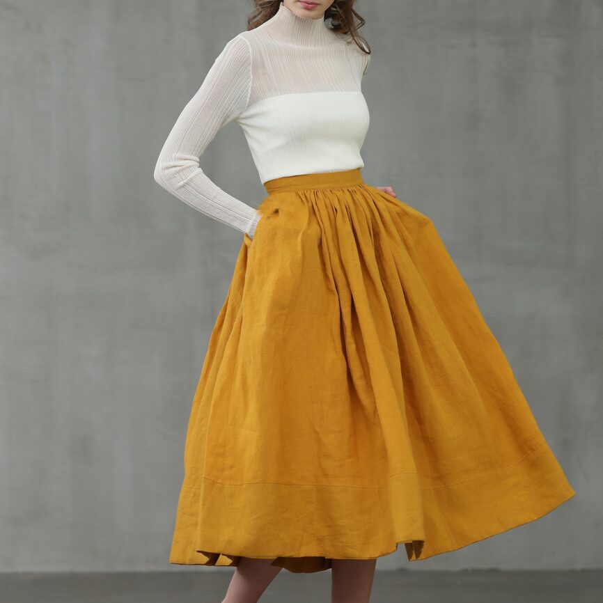 Mustard Linen Midi Skirt: Pleated A-Line Flared 1950s Style