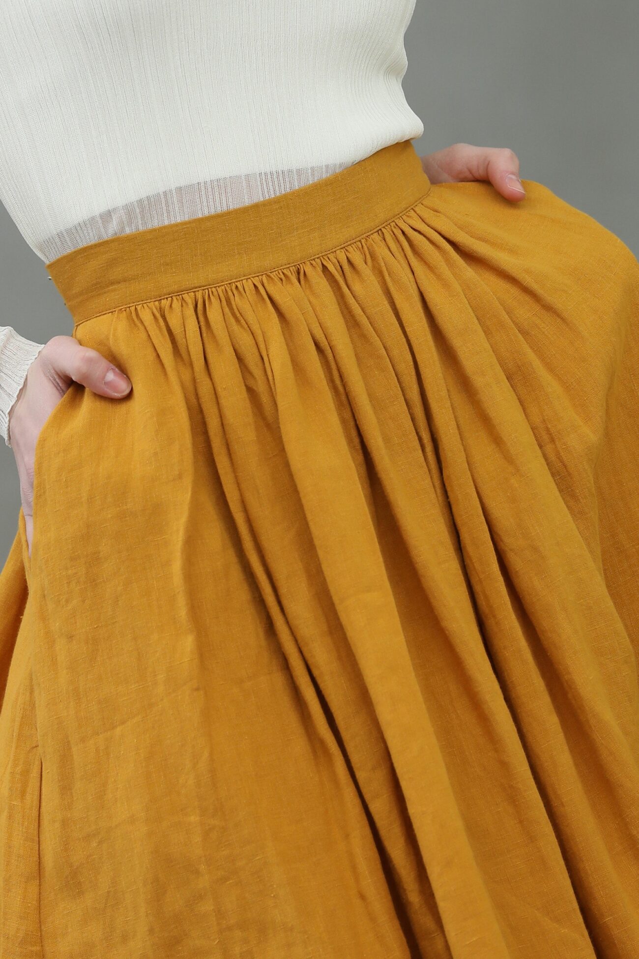 Mustard Linen Midi Skirt: Pleated A-Line Flared 1950s Style