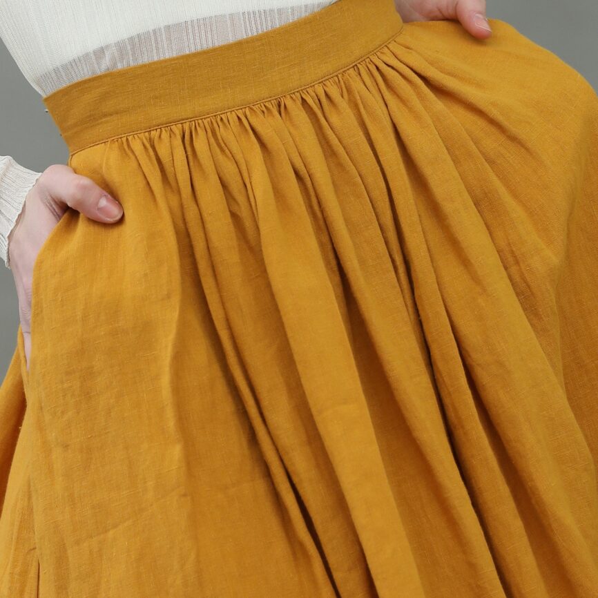 Mustard Linen Midi Skirt: Pleated A-Line Flared 1950s Style