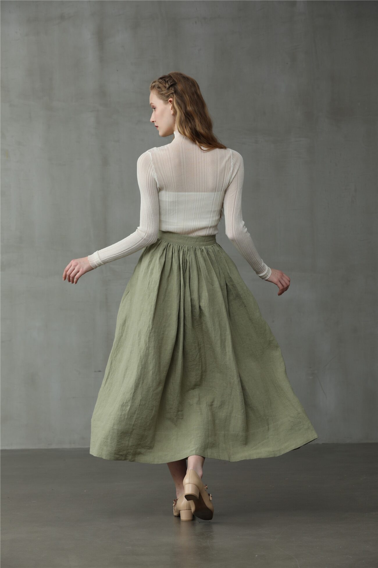 Jomastyle Green Linen Midi Skirt A-Line Flared 1950s Style