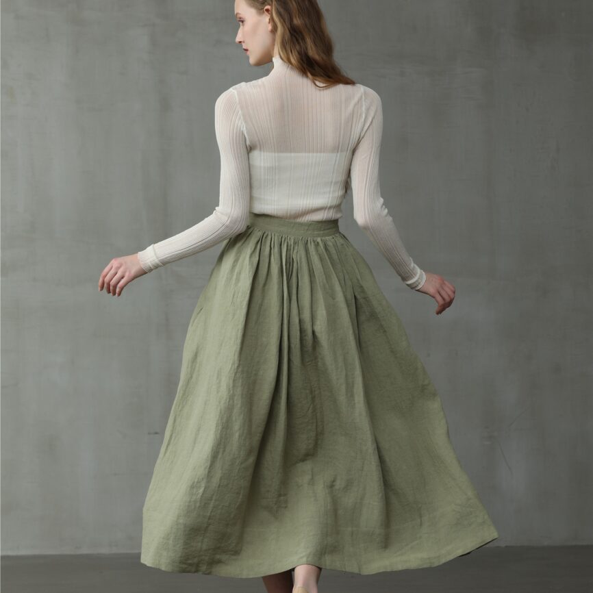 Jomastyle Green Linen Midi Skirt A-Line Flared 1950s Style