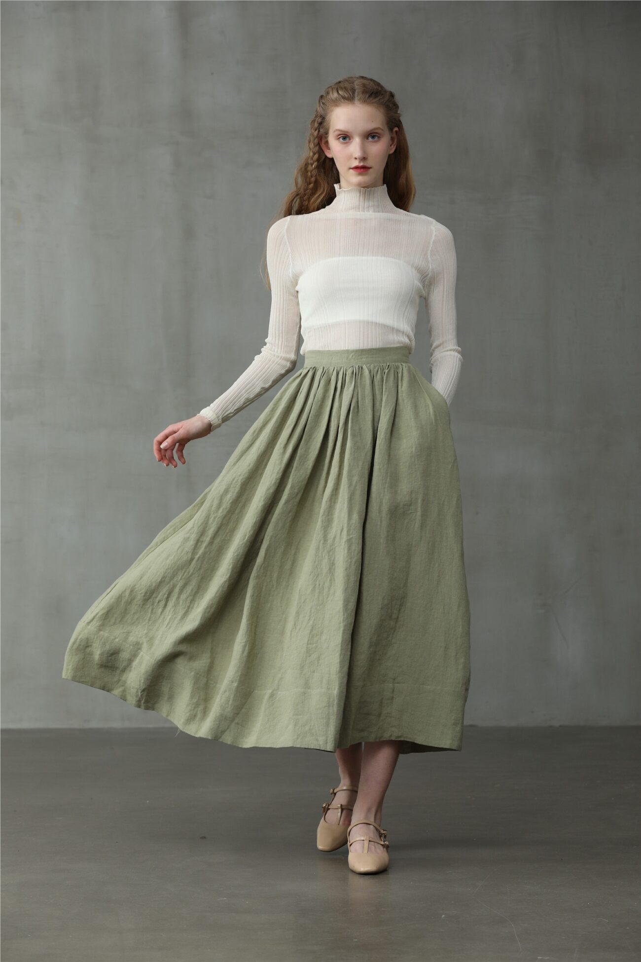 Jomastyle Green Linen Midi Skirt A-Line Flared 1950s Style