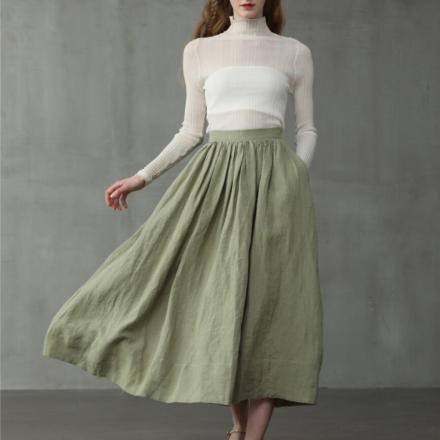 Jomastyle Green Linen Midi Skirt A-Line Flared 1950s Style