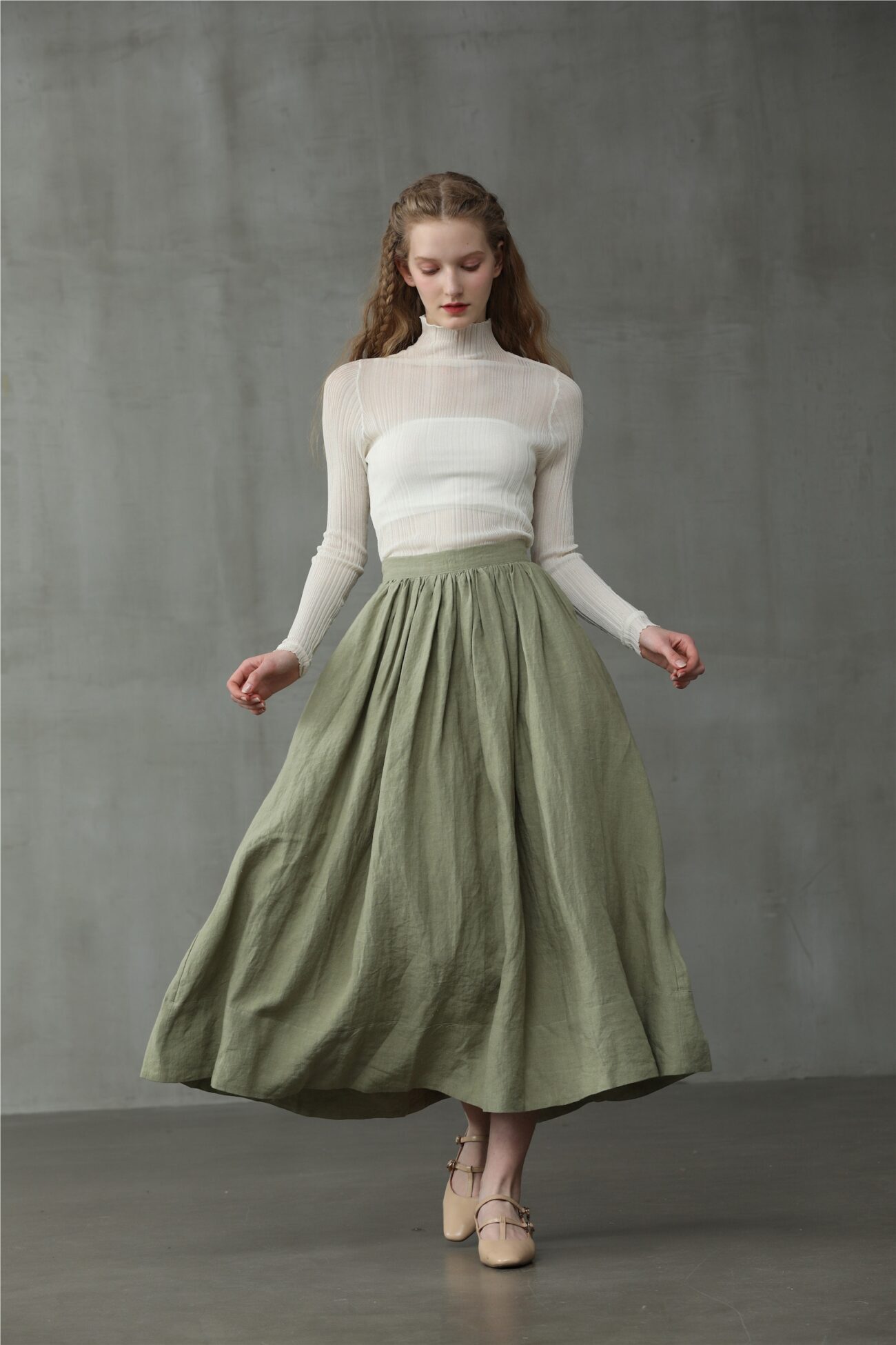 Jomastyle Green Linen Midi Skirt A-Line Flared 1950s Style