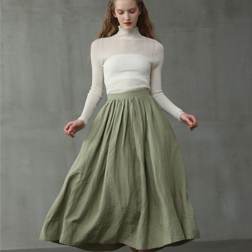 Jomastyle Green Linen Midi Skirt A-Line Flared 1950s Style