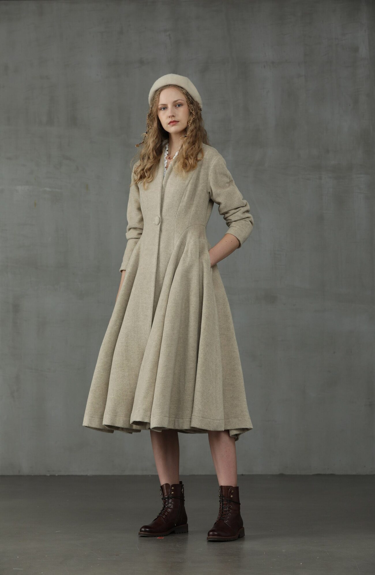 Jomastyle Floralwhite Flared Wool Midi Coat