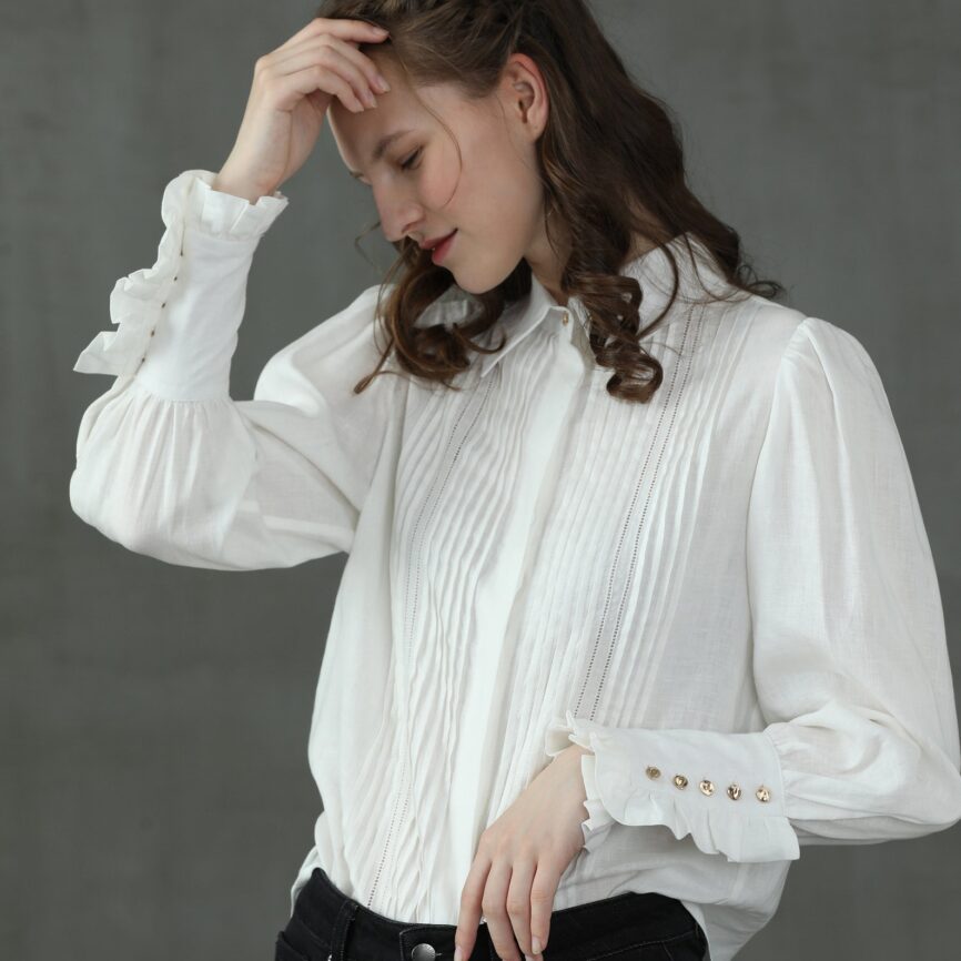 Jomastyle White Pleated Linen Longsleeve Shirt