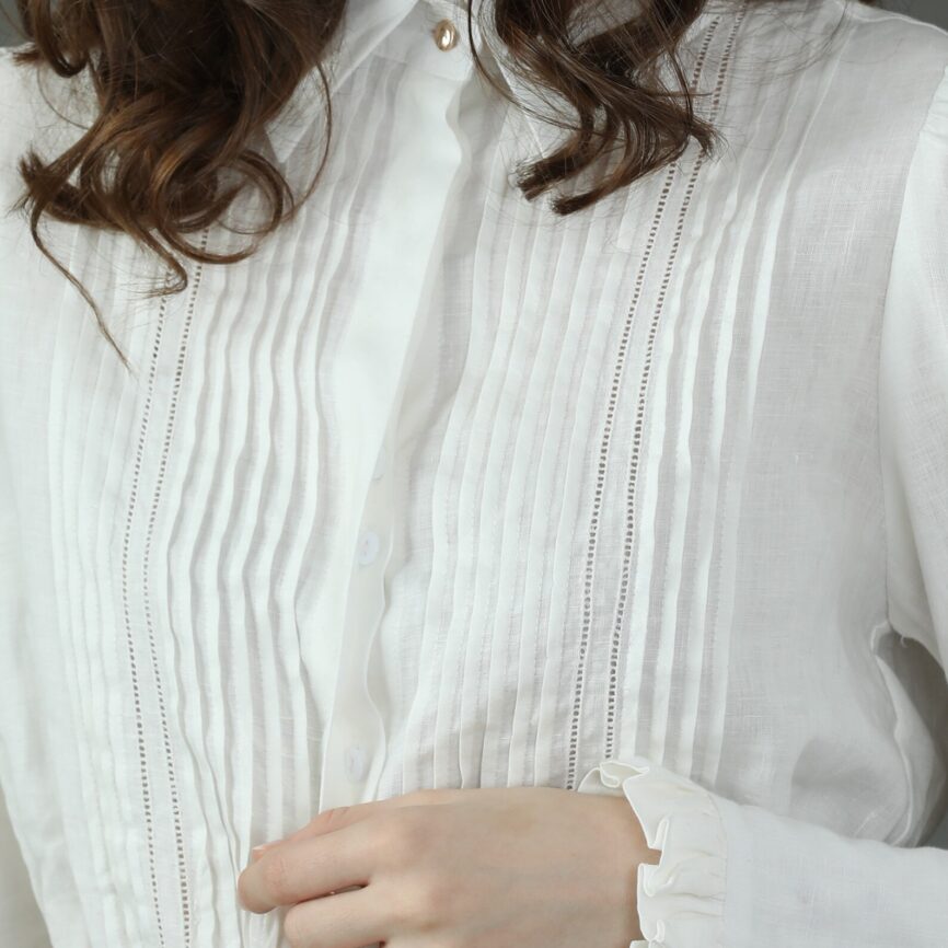 Jomastyle White Pleated Linen Longsleeve Shirt