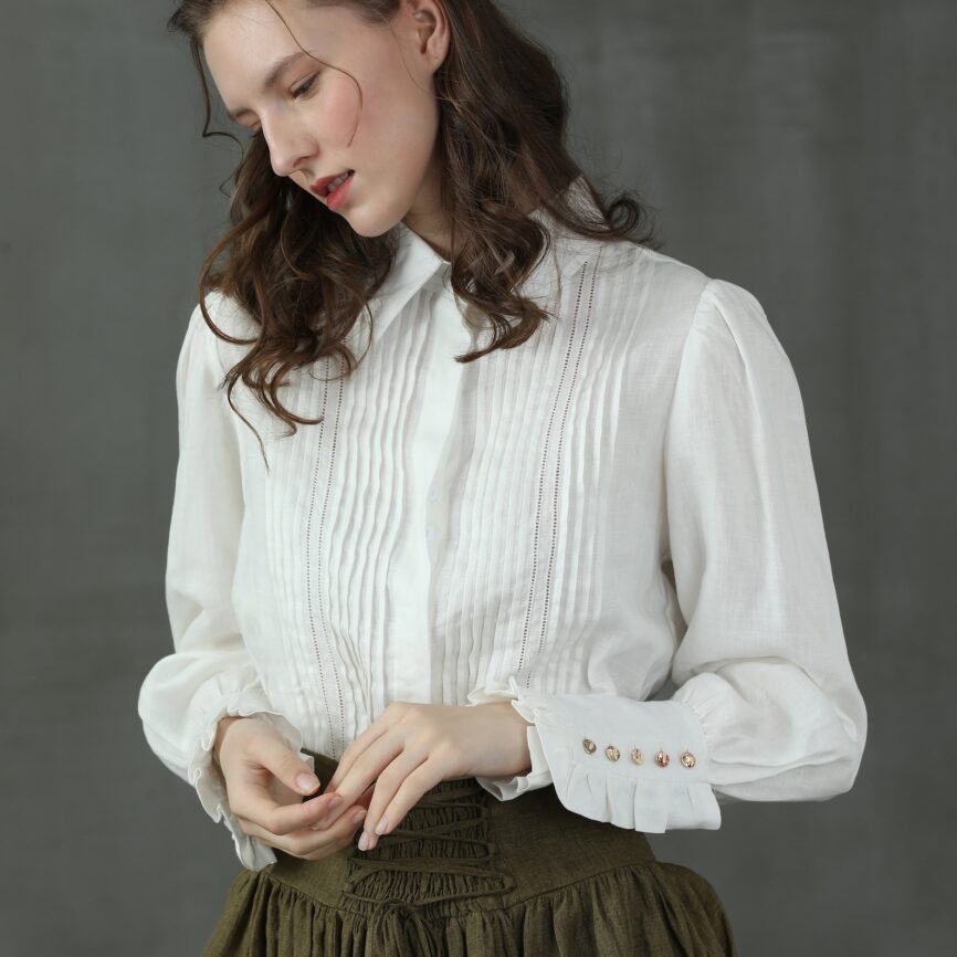 Jomastyle White Pleated Linen Longsleeve Shirt