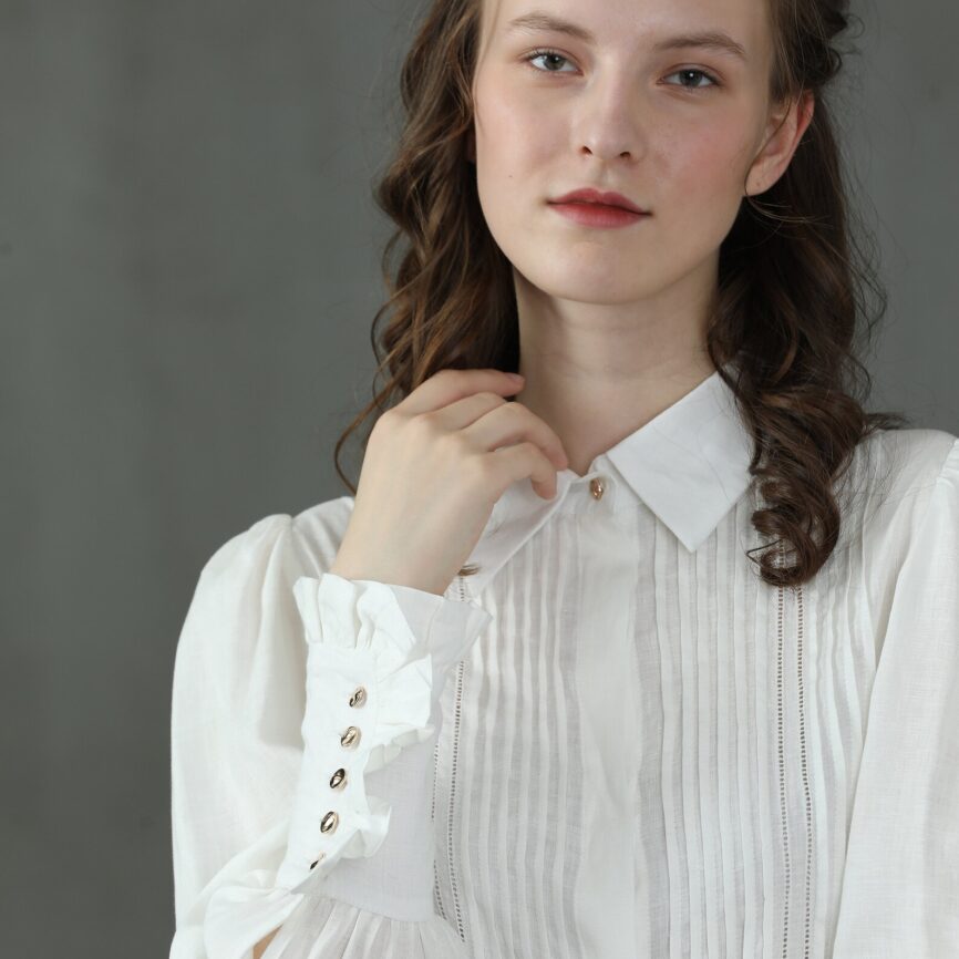 Jomastyle White Pleated Linen Longsleeve Shirt