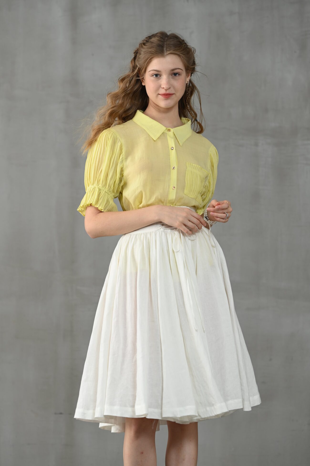 Jomastyle Yellow Accordion Pleated Linen Blouse