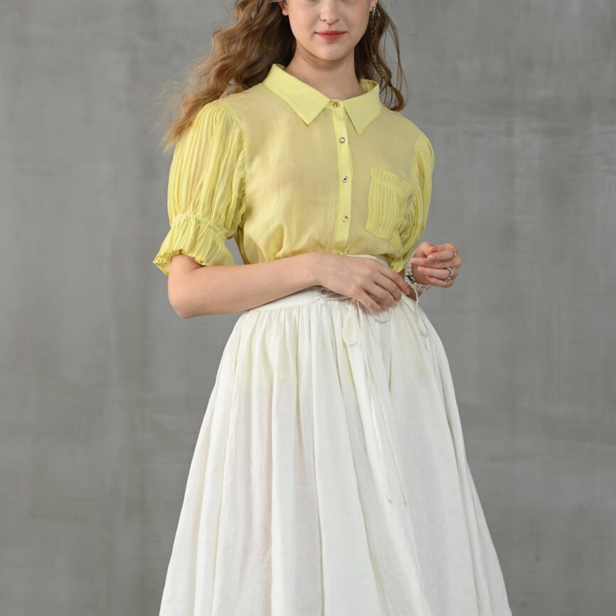 Jomastyle Yellow Accordion Pleated Linen Blouse