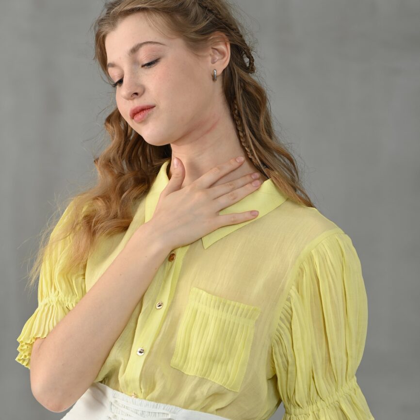 Jomastyle Yellow Accordion Pleated Linen Blouse