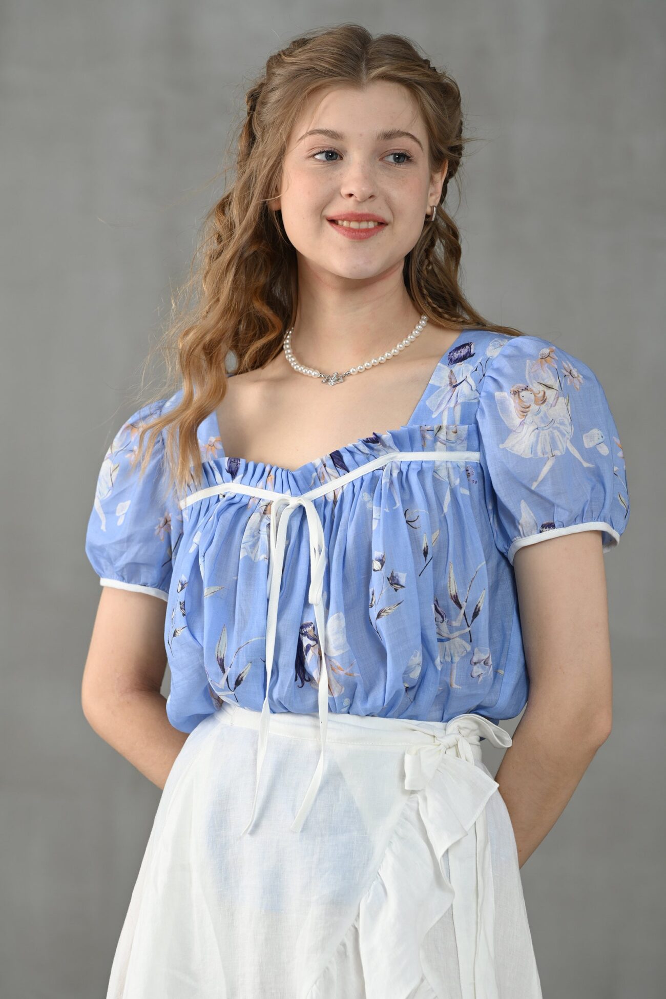 Jomastyle Blue Floral Puff Sleeve Linen Blouse