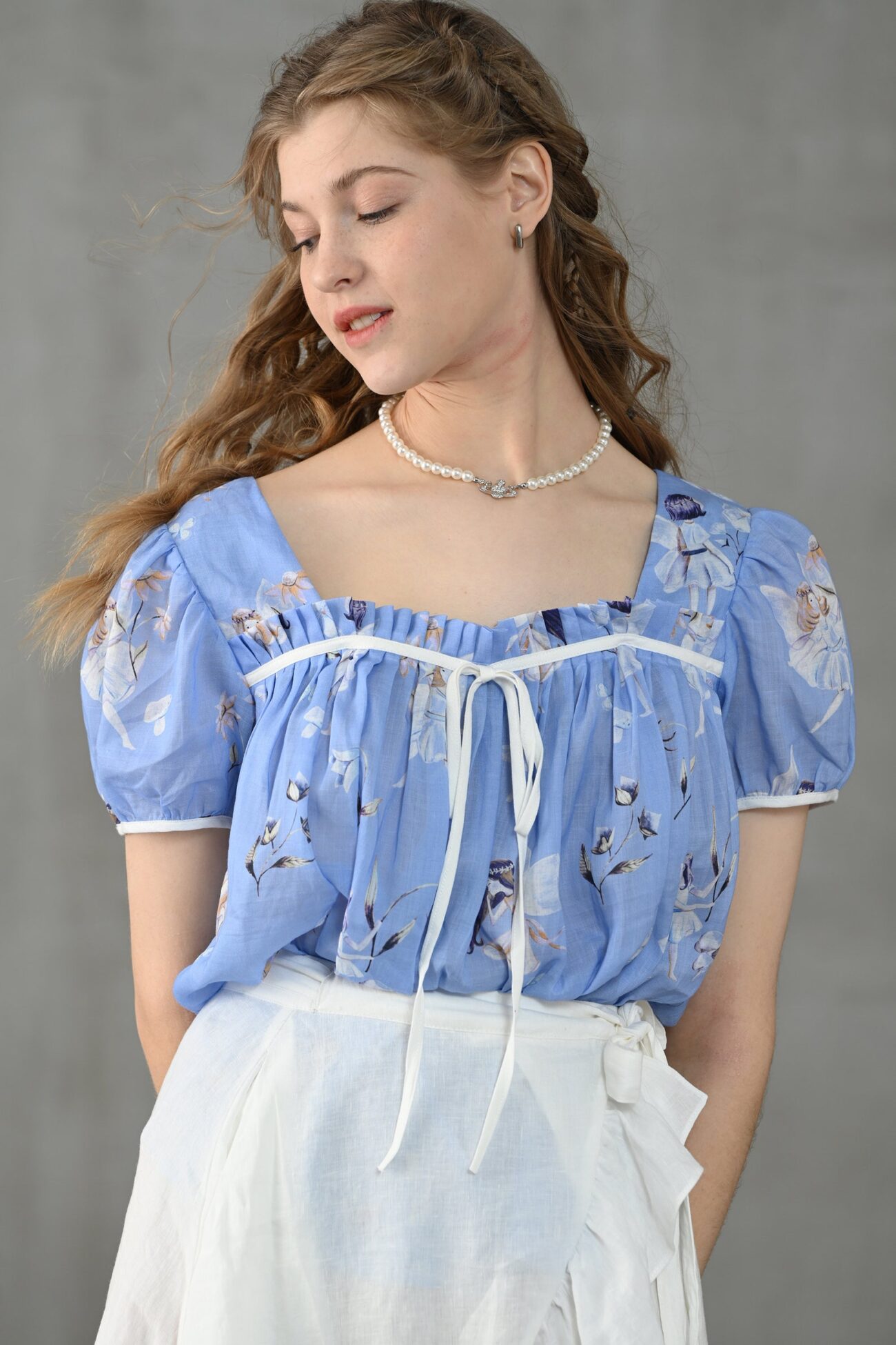 Jomastyle Blue Floral Puff Sleeve Linen Blouse