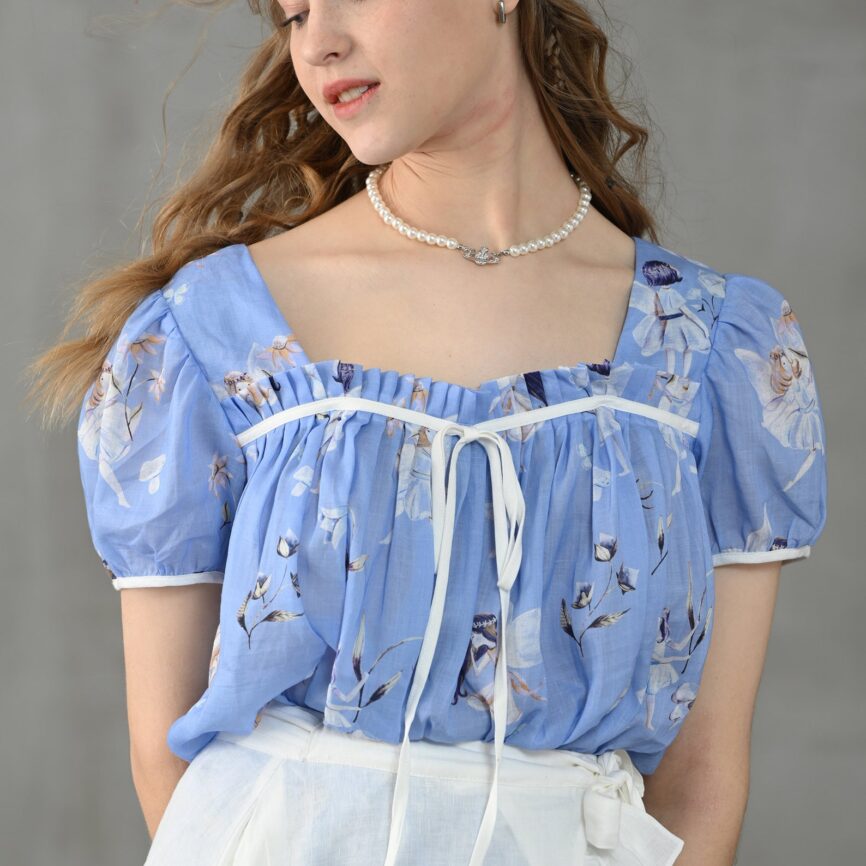 Jomastyle Blue Floral Puff Sleeve Linen Blouse