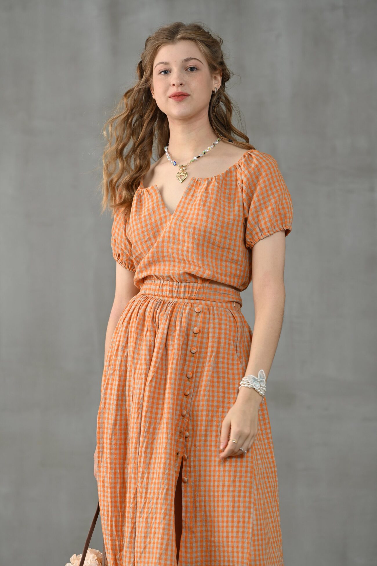 Orange Plaid Linen Puff Sleeve V-Neck Cropped Blouse