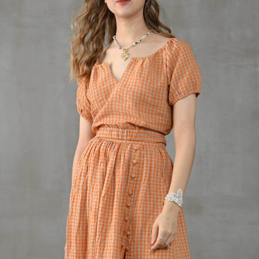 Orange Plaid Linen Puff Sleeve V-Neck Cropped Blouse