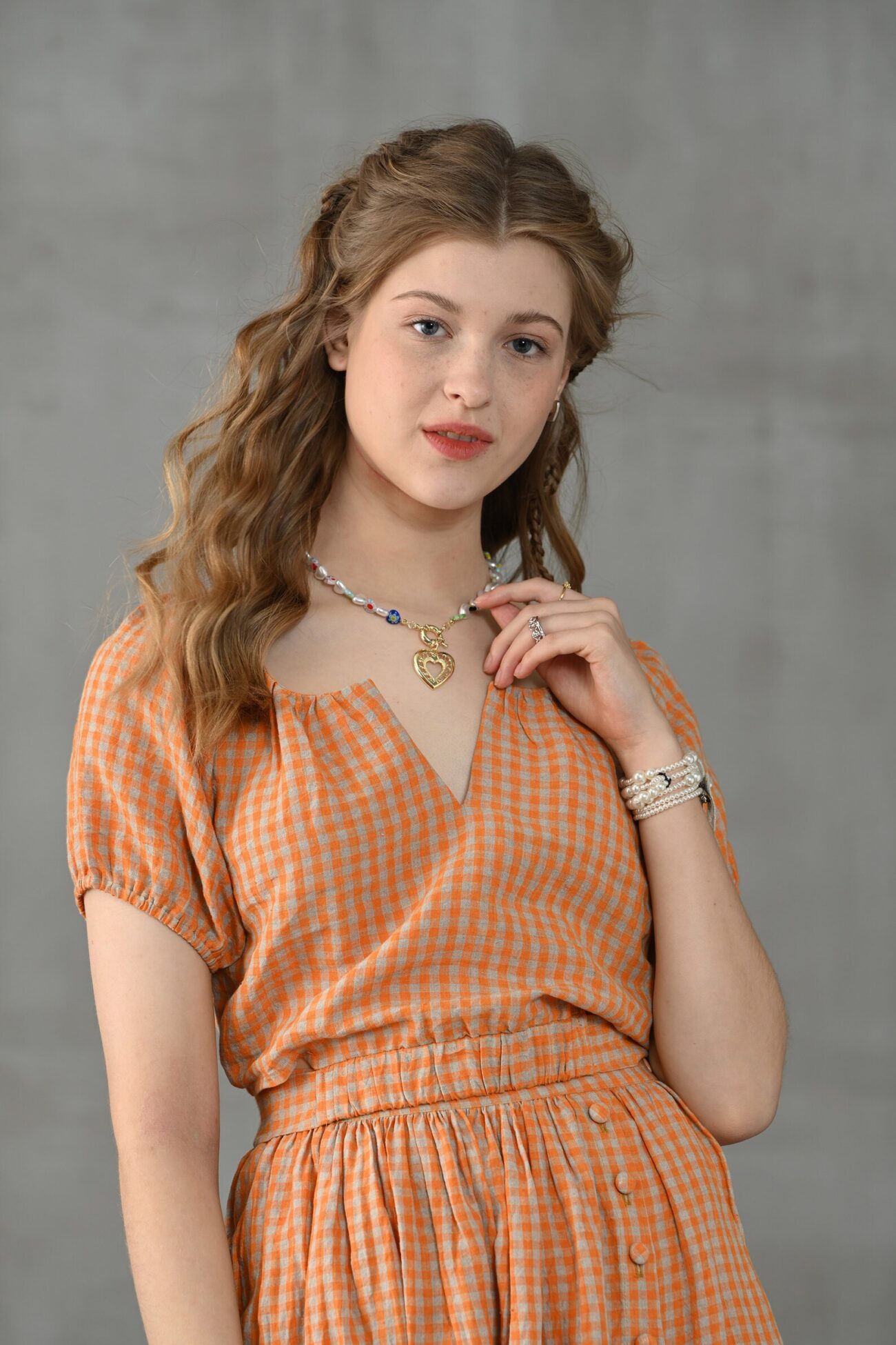 Orange Plaid Linen Puff Sleeve V-Neck Cropped Blouse