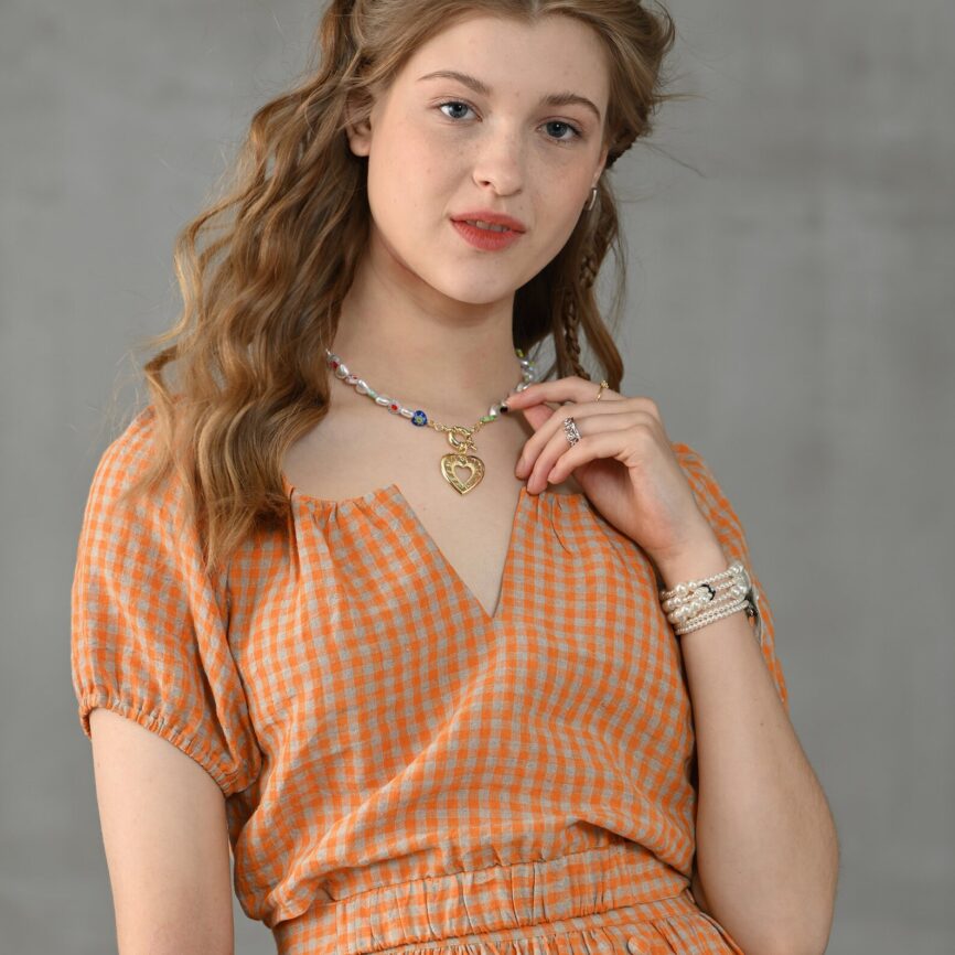 Orange Plaid Linen Puff Sleeve V-Neck Cropped Blouse