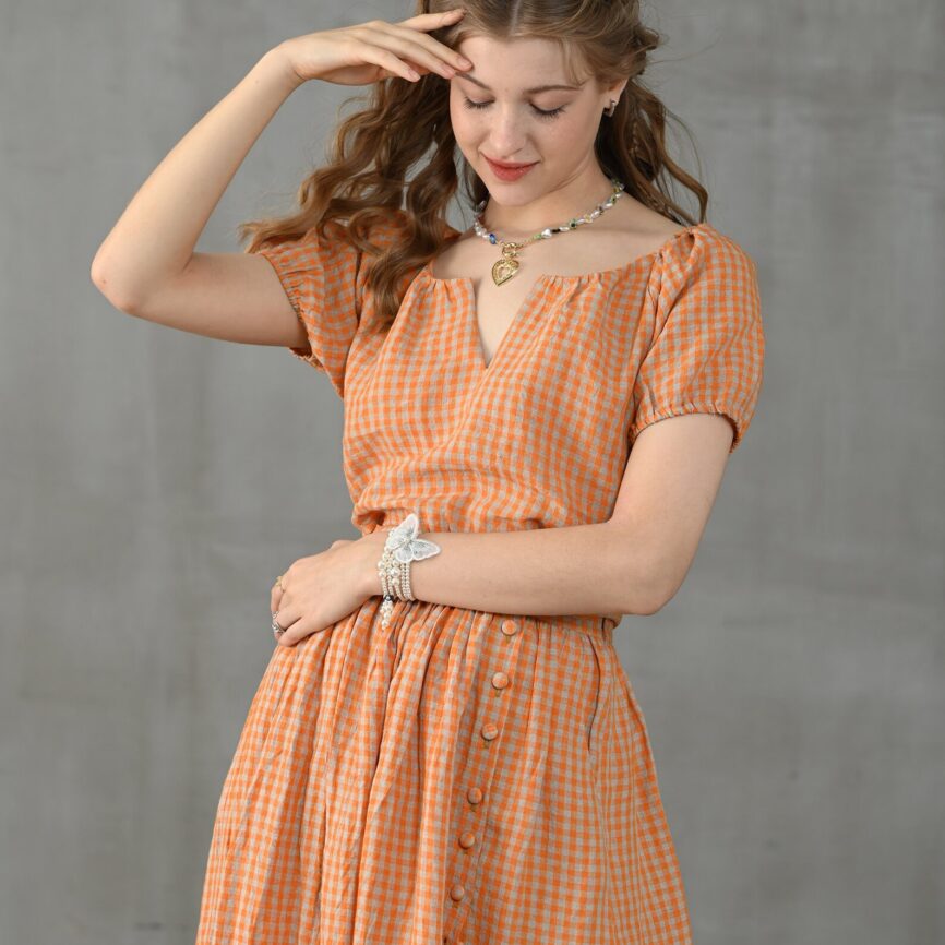 Orange Plaid Linen Puff Sleeve V-Neck Cropped Blouse