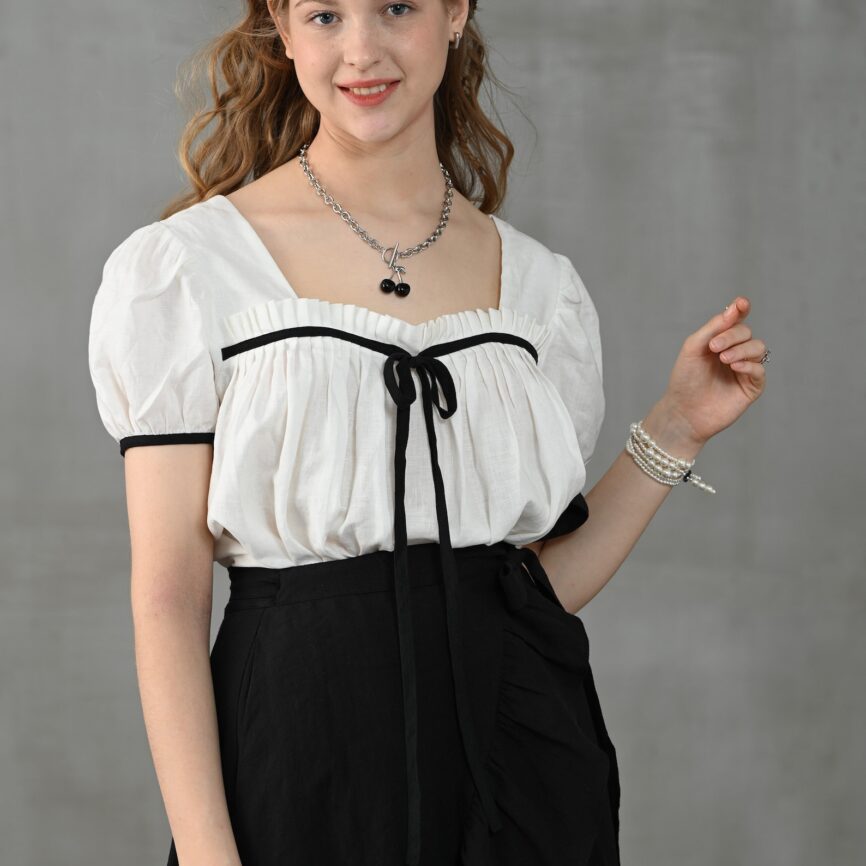 Jomastyle White Puff Sleeve Linen Blouse