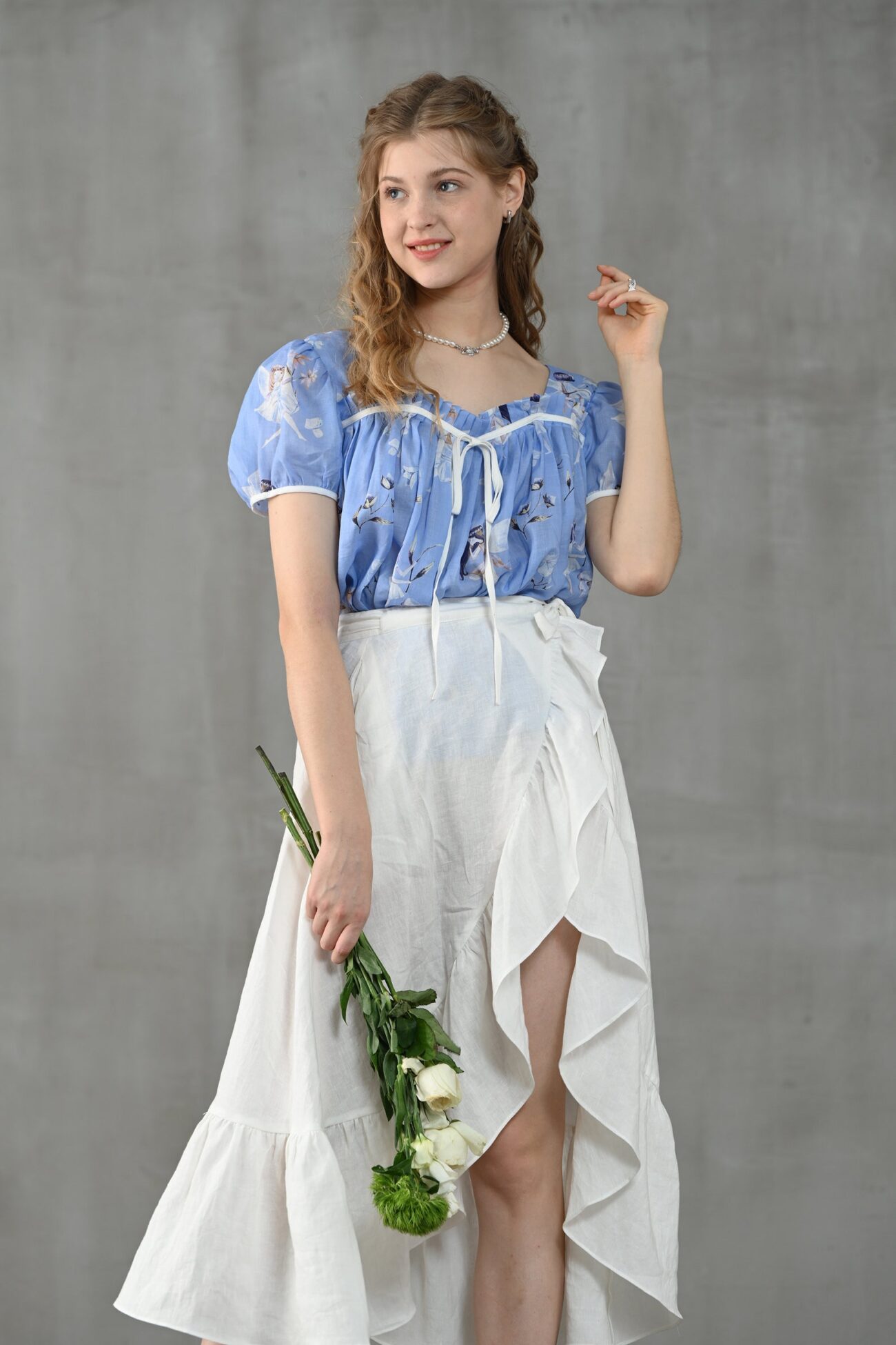 Jomastyle Blue Floral Puff Sleeve Linen Blouse