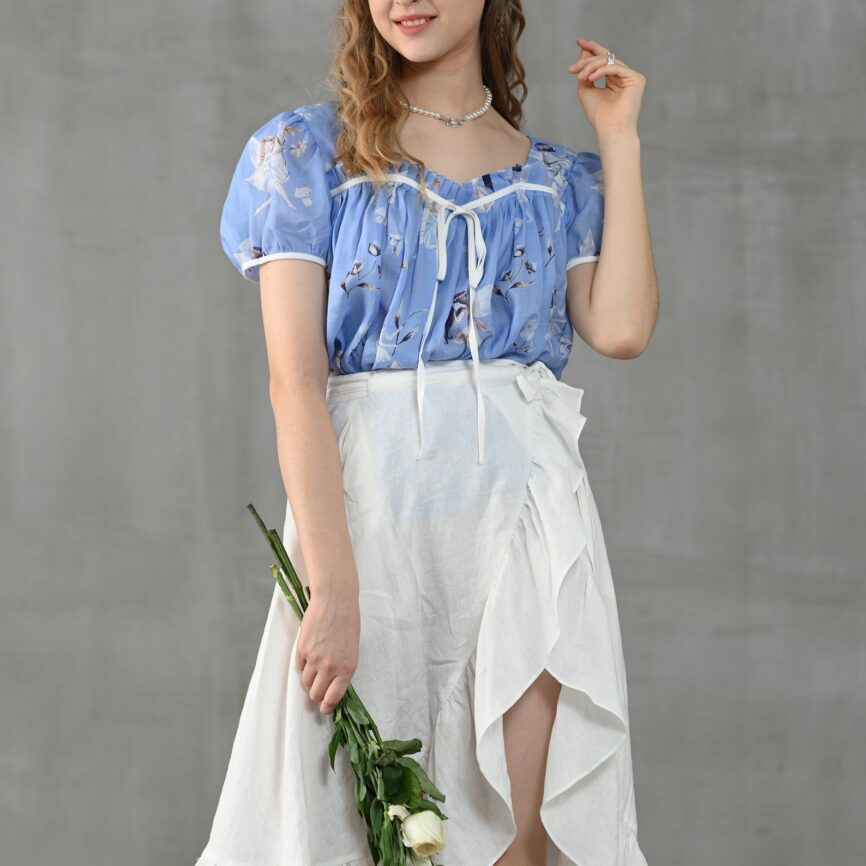 Jomastyle Blue Floral Puff Sleeve Linen Blouse