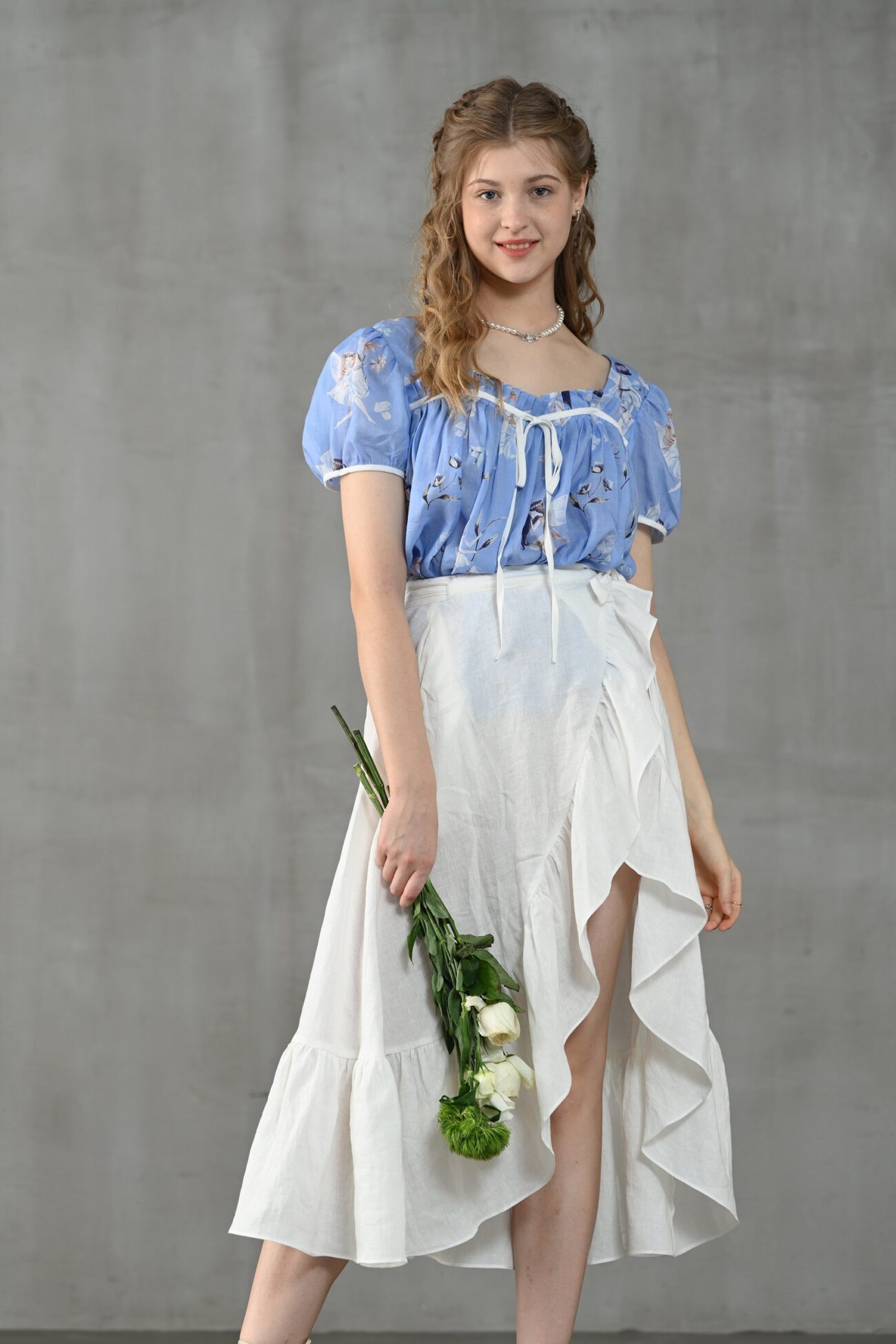 Jomastyle Blue Floral Puff Sleeve Linen Blouse