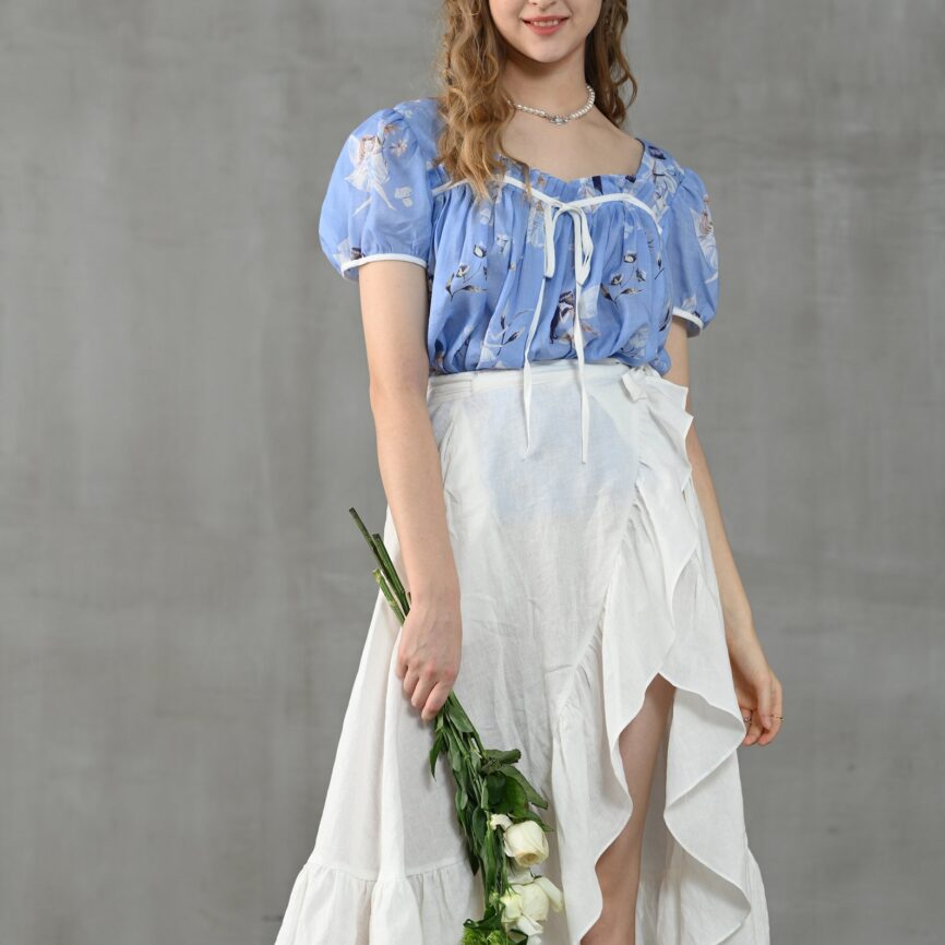 Jomastyle Blue Floral Puff Sleeve Linen Blouse