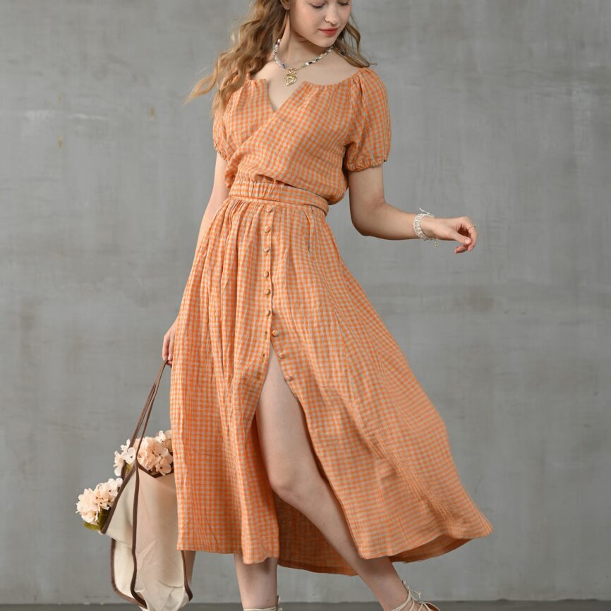 Orange Plaid Linen Puff Sleeve V-Neck Cropped Blouse