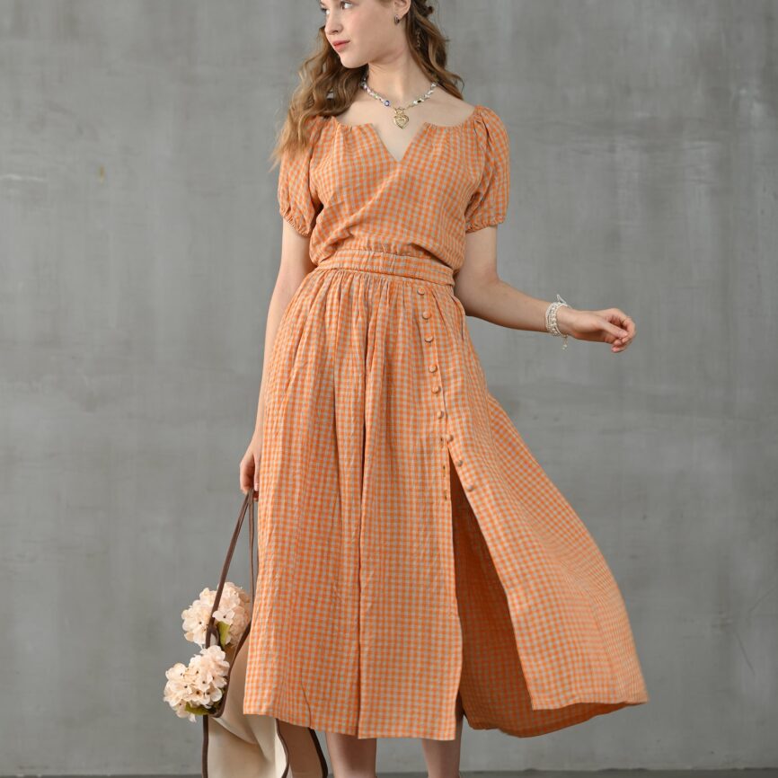 Orange Plaid Linen Puff Sleeve V-Neck Cropped Blouse