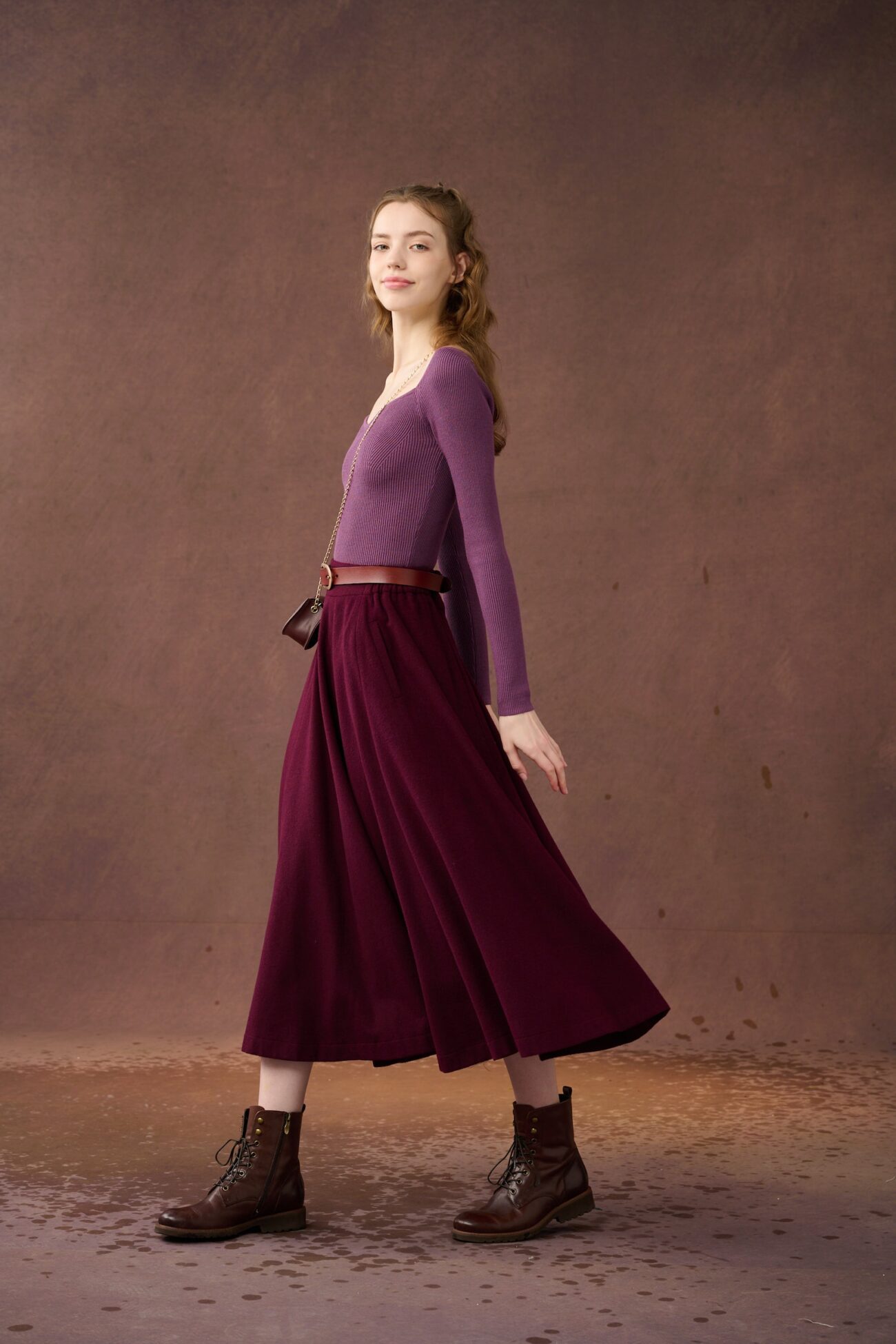 Jomastyle Purple Midi Wool Skirt with Pockets