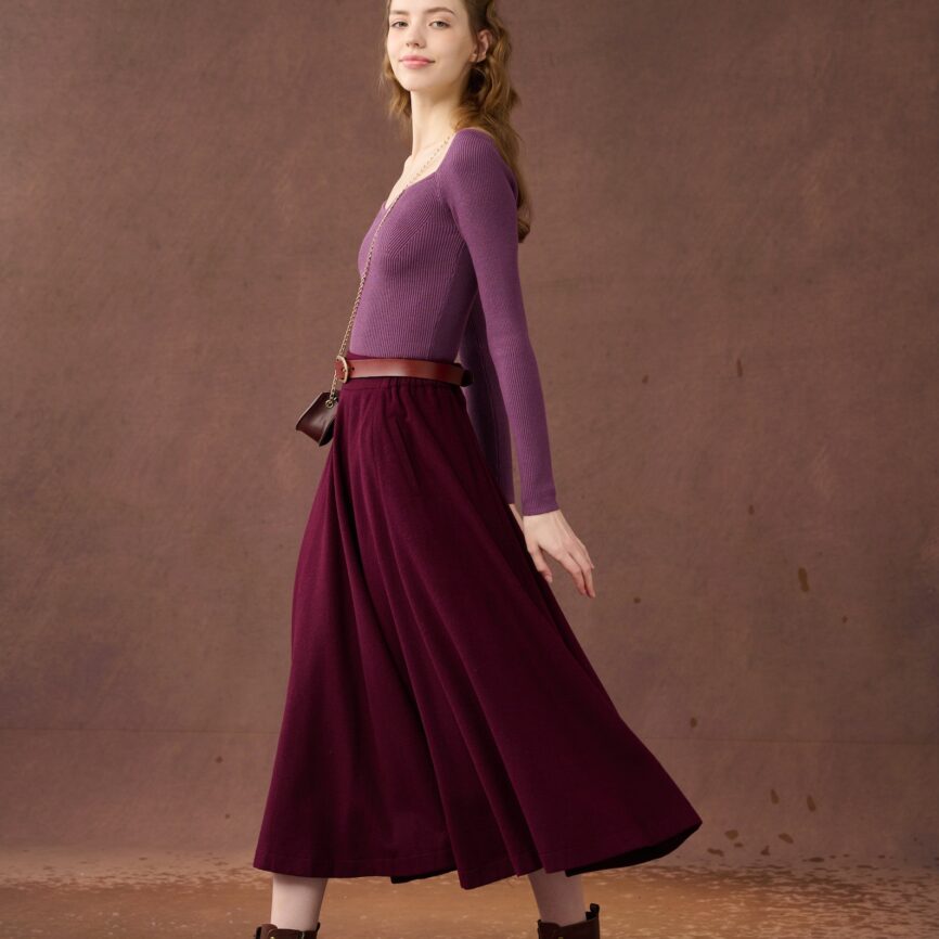 Jomastyle Purple Midi Wool Skirt with Pockets