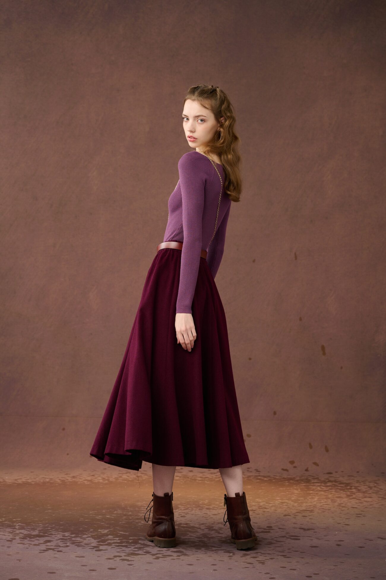 Jomastyle Purple Midi Wool Skirt with Pockets