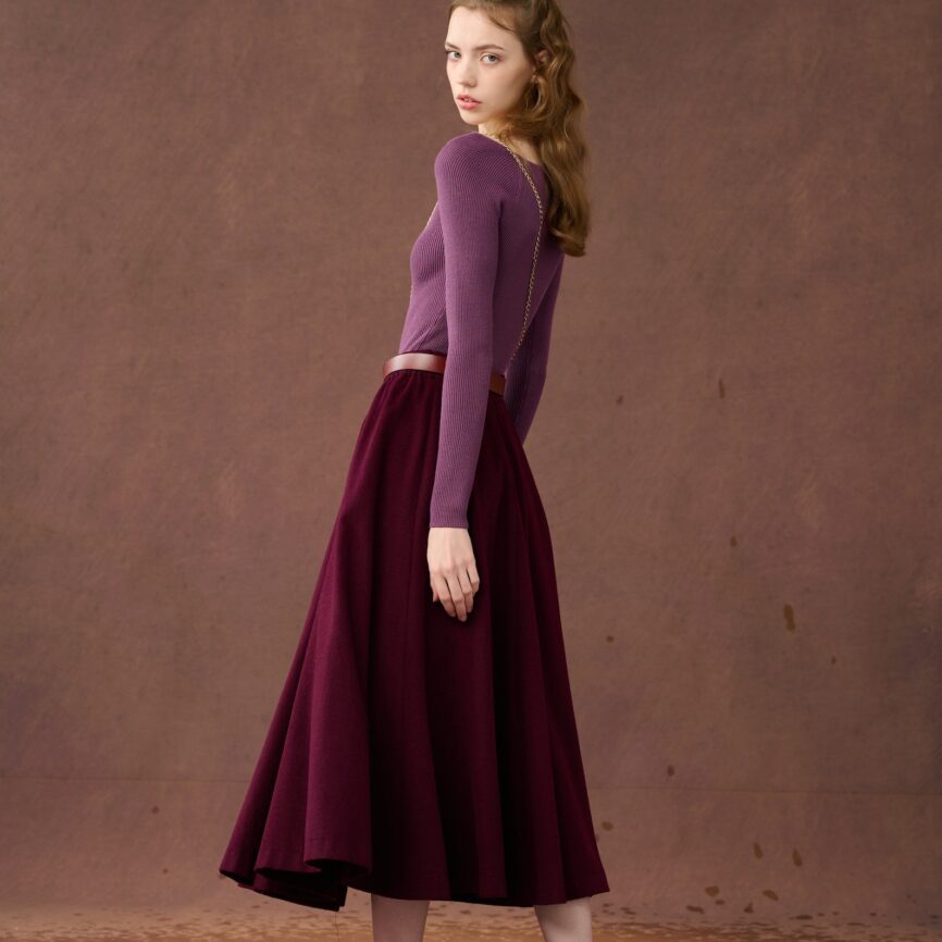 Jomastyle Purple Midi Wool Skirt with Pockets