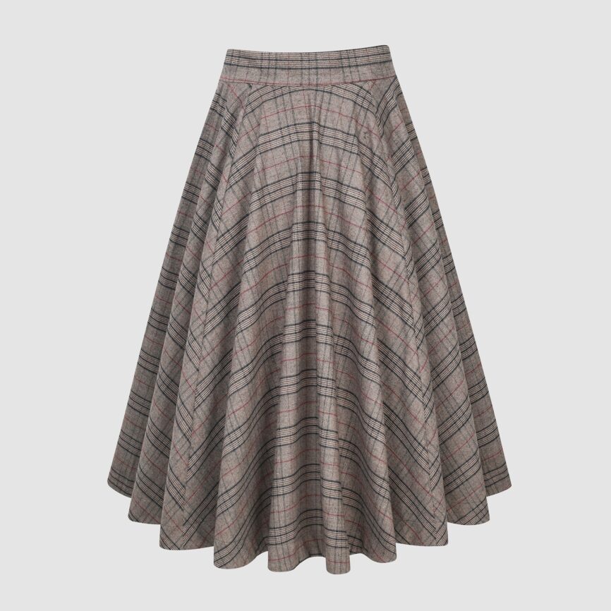 Brown Tartan Maxi Wool Skirt with Pockets