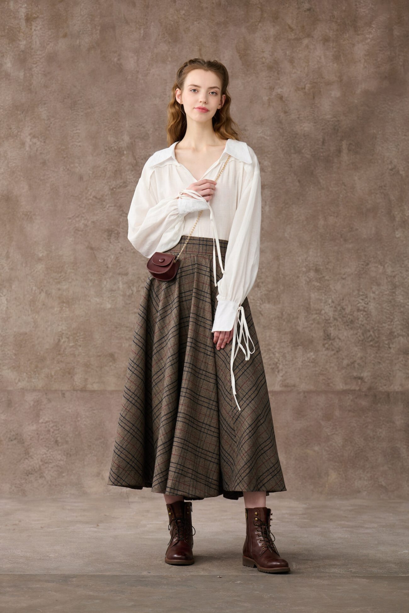 Brown Tartan Maxi Wool Skirt with Pockets