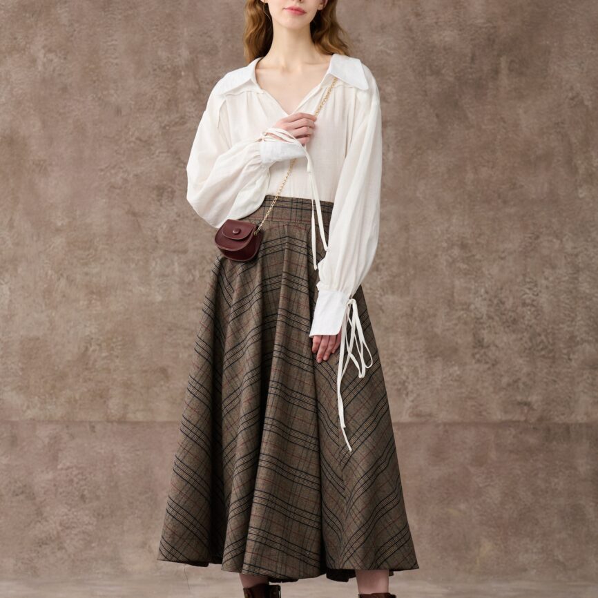 Brown Tartan Maxi Wool Skirt with Pockets