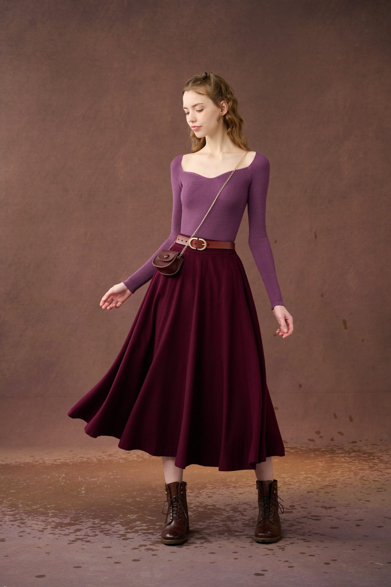 Jomastyle Purple Midi Wool Skirt with Pockets