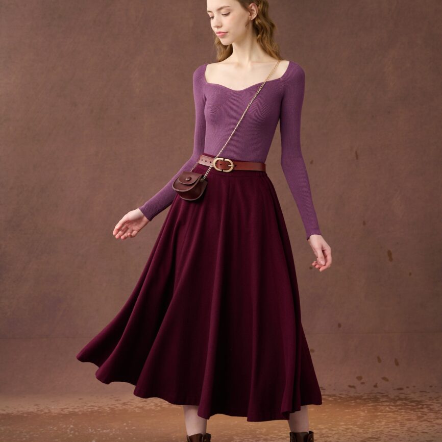 Jomastyle Purple Midi Wool Skirt with Pockets