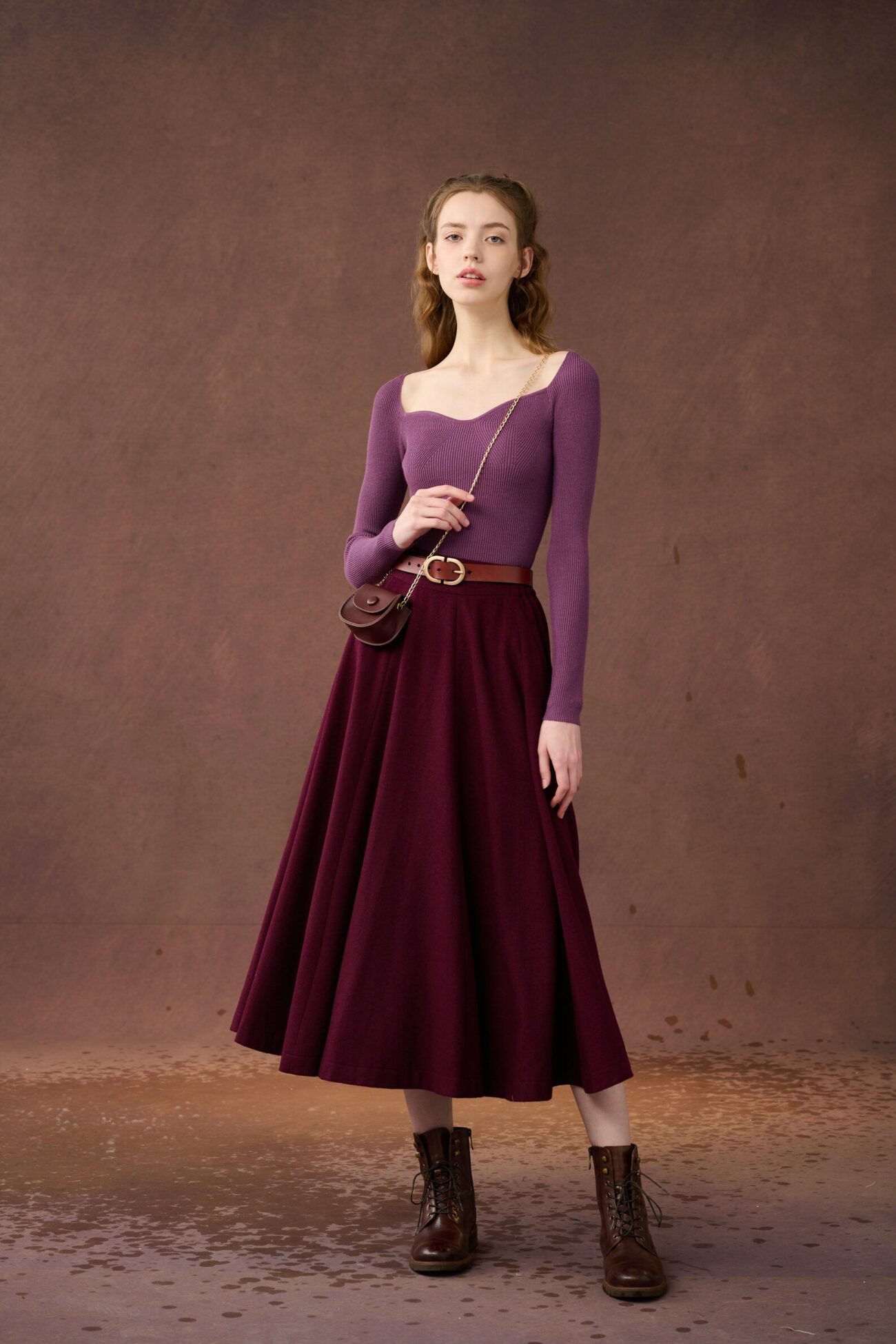 Jomastyle Purple Midi Wool Skirt with Pockets