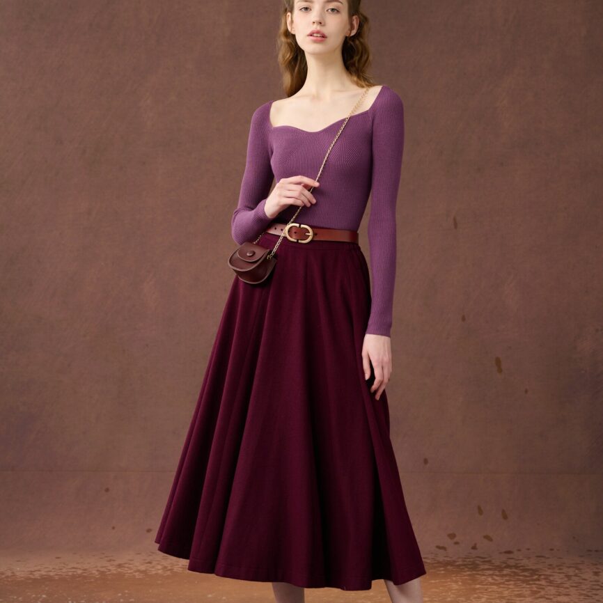 Jomastyle Purple Midi Wool Skirt with Pockets